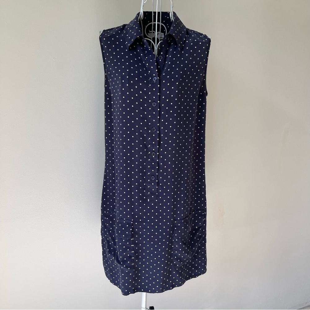 Equipment Femme Silk mini Dress SZ S Polka Dot sleeveless navy blue front Pocket